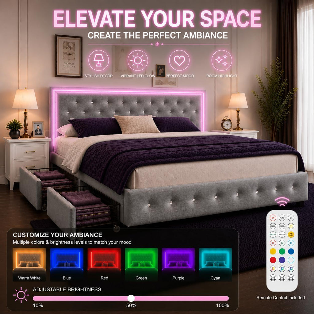 King LED Bed Frame with 4 Storage Drawers Adjustable Headboard with Smart Control RGBW LED, Whisper-Quiet Design, Upholstered Bed Wood Slats Support, No Box Spring Needed, Velvet Grey