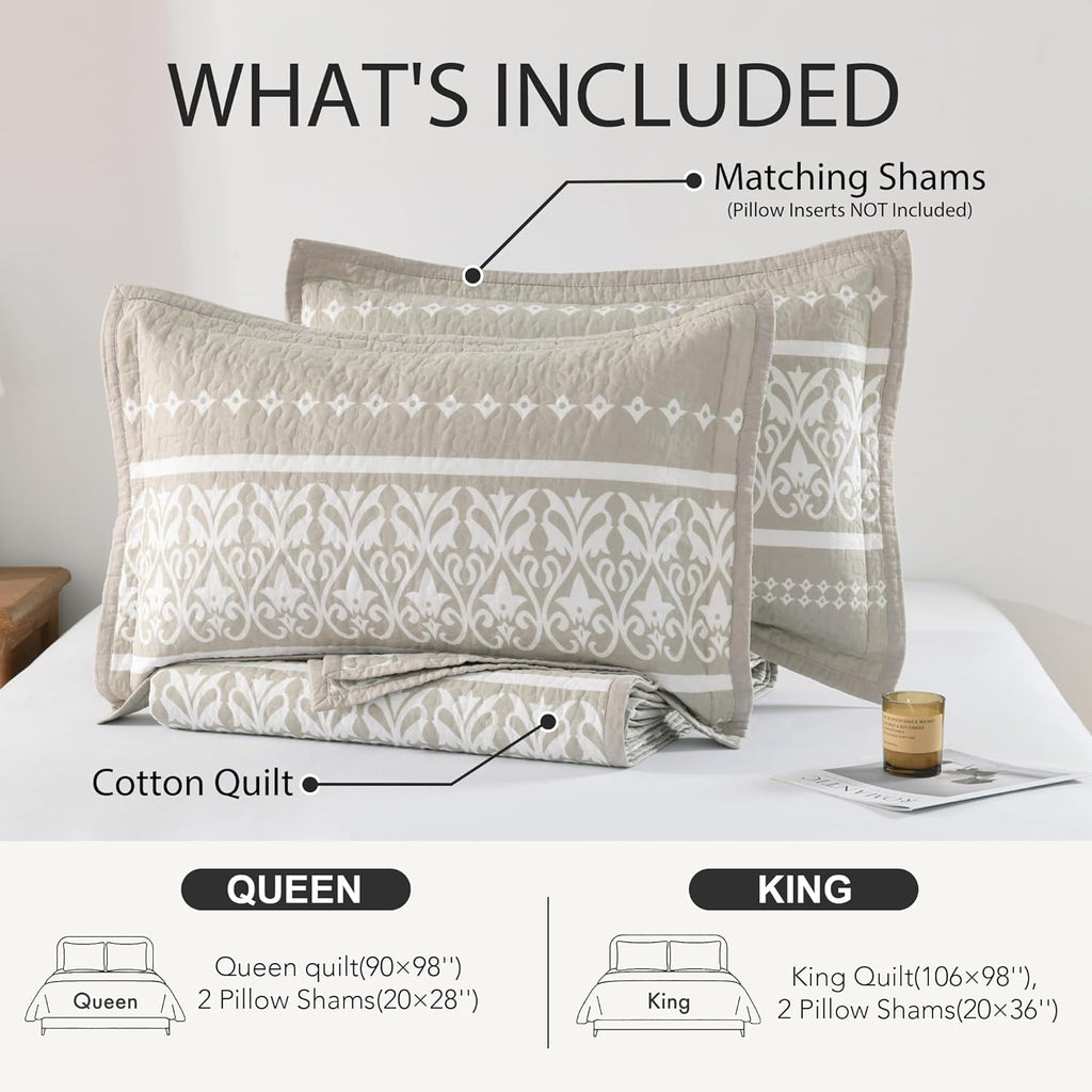 Boho Quilt Set - Boho Striped Quilt Set, 100% Cotton Bohemian Bedspread Set, Lightweight Quilt Bedding Set All Season Coverlet Set, Oatmeal Gray/White,King (106''W × 98''L)