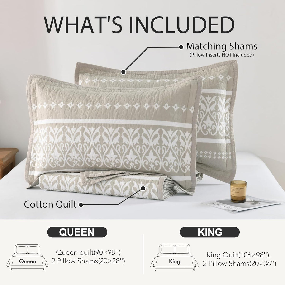 Boho Quilt Set - Boho Striped Quilt Set, 100% Cotton Bohemian Bedspread Set, Lightweight Quilt Bedding Set All Season Coverlet Set, Oatmeal Gray/White,King (106''W × 98''L)