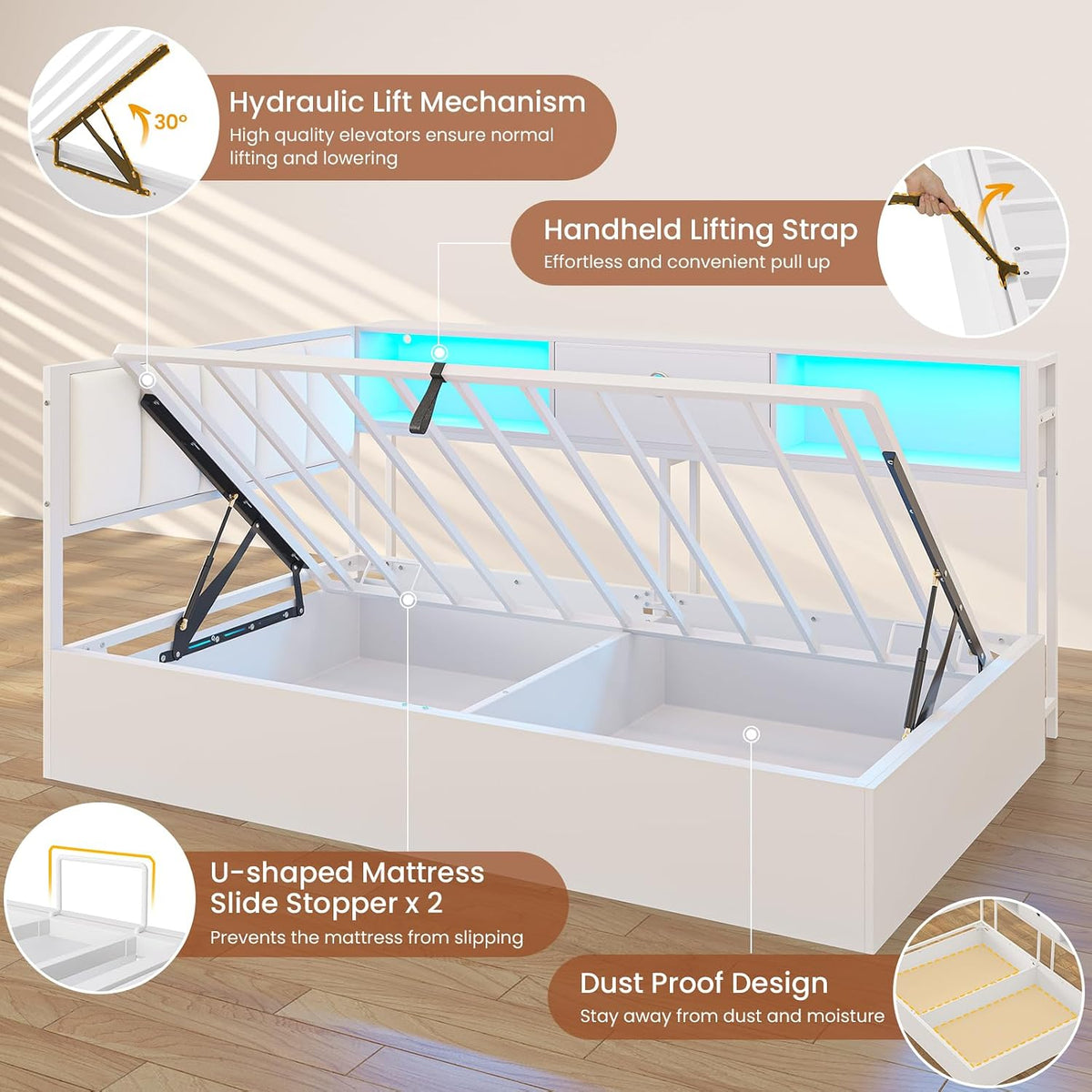 DICTAC Twin Corner Lift up Storage Bed with Led Lights and Charging Station Twin Size Daybed for Kids/Teen with Bookcase and Hydraulic Storage,Platform Corner Beds with Upholstered Headboard,White