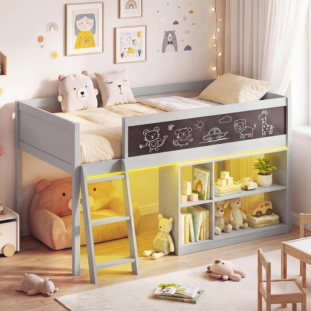 Giantex Low Loft Bed with LED Lights, Twin Size Bed Frames for Kids w/Chalkboard, Removable Bookcase & Under-Bed Storage Space, Wood Loft Beds with Stairs, Safety Guardrail for Girls Boys (Grey)