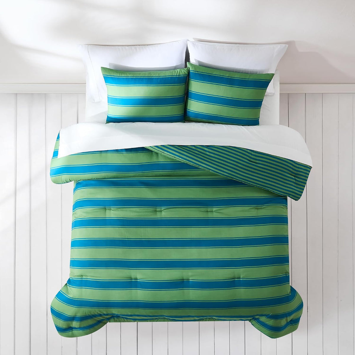 Lush Decor Gale Cabana Stripe? Reversible Comforter 3 Piece Set Full/Queen Blue & Sage - Striped Bedding Set - Green Comforter - Modern Coastal Decor