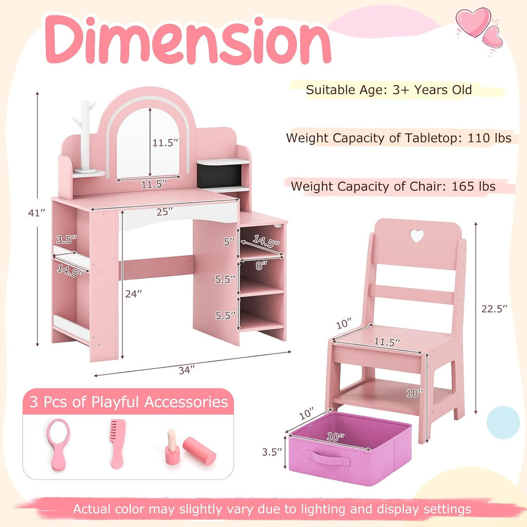 Costzon Kids Vanity, Girls Vanity Set with Lighted Mirror, Bookshelf, Jewelry Storage, Toddler Makeup Vanity Desk Dressing Table, Wooden Kids Vanity Table and Chair Set (Pink)