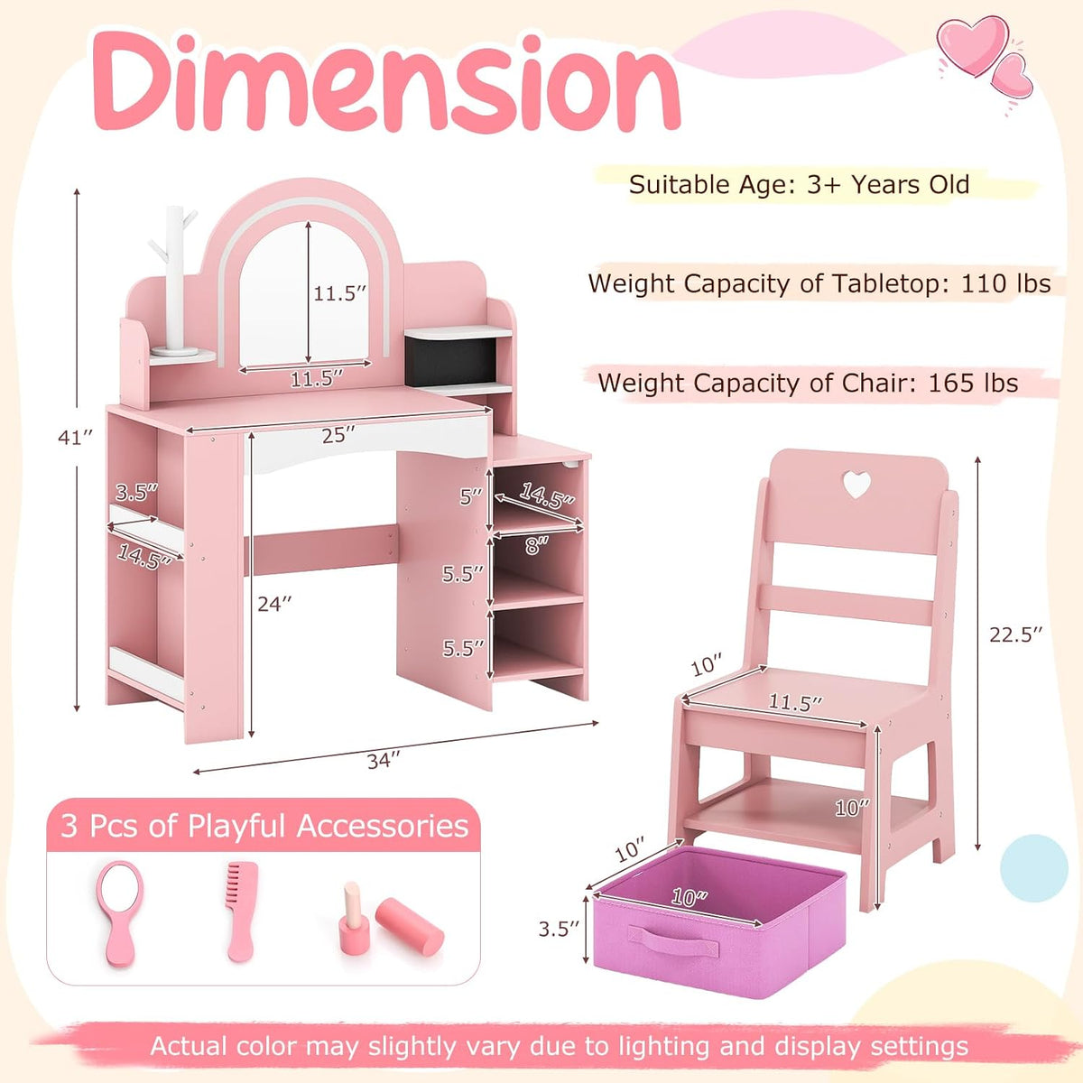 Costzon Kids Vanity, Girls Vanity Set with Lighted Mirror, Bookshelf, Jewelry Storage, Toddler Makeup Vanity Desk Dressing Table, Wooden Kids Vanity Table and Chair Set (Pink)
