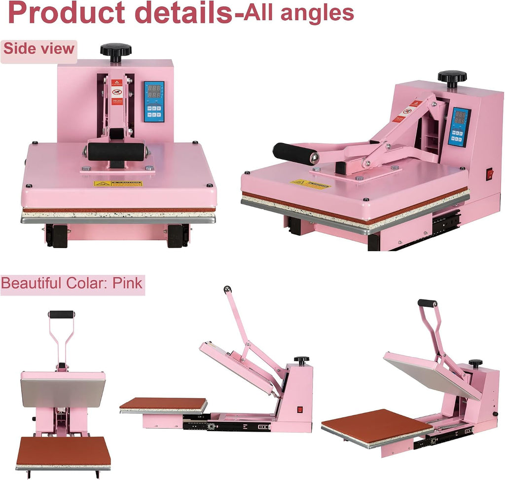15' x 15' Semi-auto Heat Press Machine for T-Shirts, Auto Open & Slide-Out Base, Clamshell Style, Digital Sublimation Printer for Vinyl, DIY & Small Business (Pink, L15 * W15)