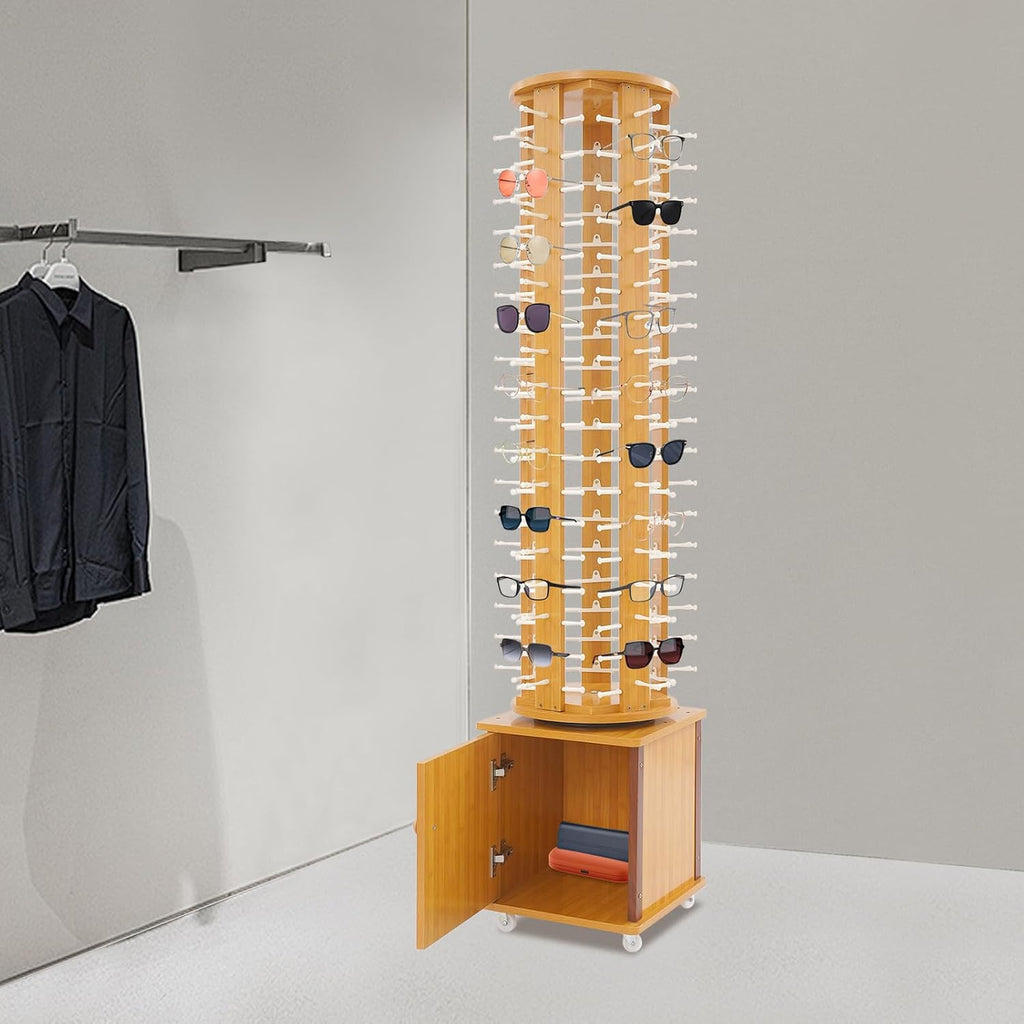Sunglasses Storage Display Stand with Wheels Glasses Rack Organizer 5-Sided Eyewear Display Rack with Storage Cabinet for Home Retail Stores Shopping Malls, 66.14' (Light Brown)