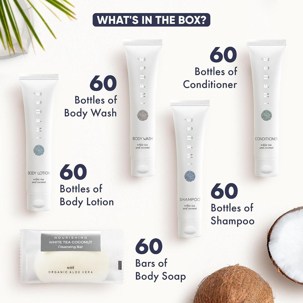 Infuse Pure White Tea and Coconut Hotel Soaps and Toiletries Bulk Set | 1-Shoppe All-In-Kit for Airbnb | 1oz Shampoo & Conditioner, Body Wash, Lotion & 1.25oz Bar Soap | Travel Size 300 Pieces