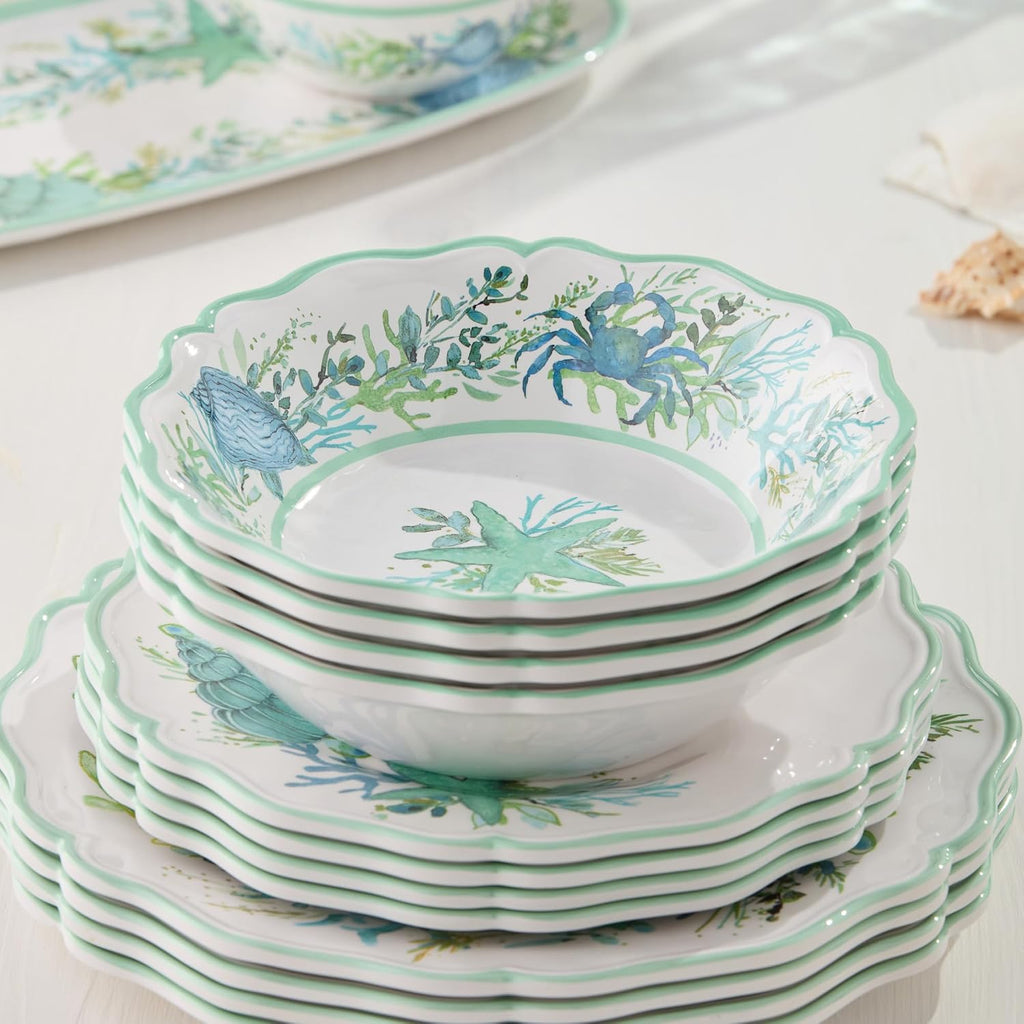 Sea Glass 12 Pc. MELAMINE DINNERWARE SET, SERVICEfor 4, coastal mix‑and‑match plates and bowls with ocean motifs, ideal for indoor outdoor dining, beach homes, patios, poolside meals