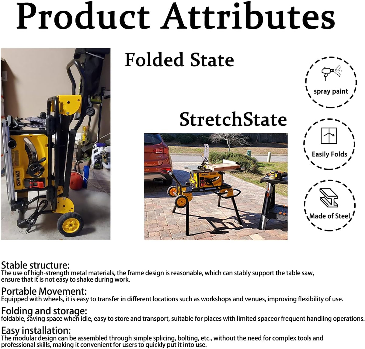 Miter saw and Rolling Table Saw Stand Compatible with DEWALT's Table Saw modle:DWE7490X、DWE7491RS、DWE7499GD、D7480、DW745 , and Others. Replace oem no.DWE74911-XJ