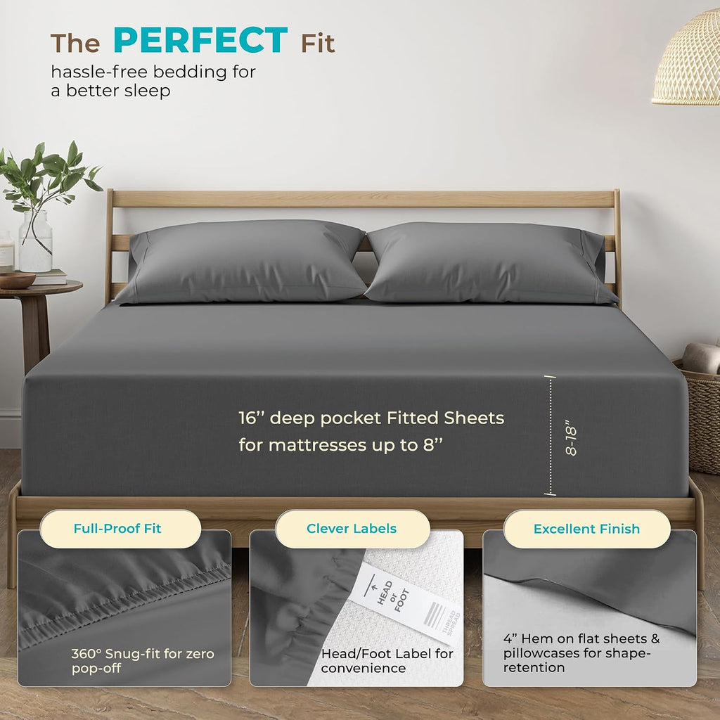 THREAD SPREAD 100% Egyptian Cotton King Size Sheets Set - 800 Series Euphoria Collection King Size Sheets (6 PC, Dark Grey), 16' Deep Pocket, Hotel Bed Sheet, Soft, Cooling, Sateen Bed Sheet