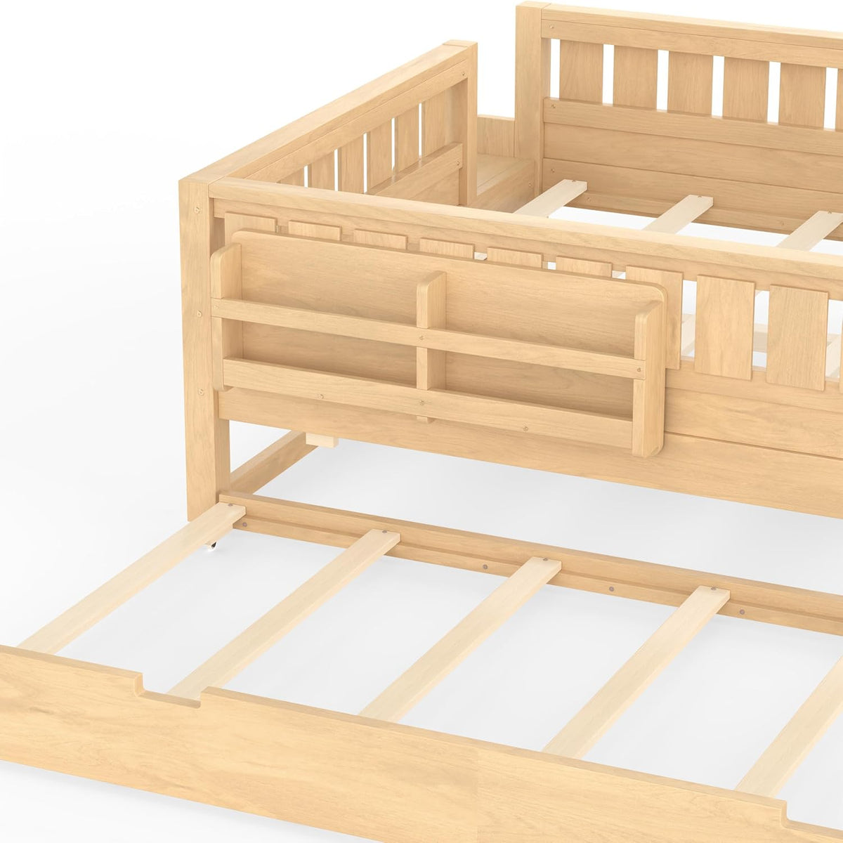 Bellemave Queen Bed with Trundle and Stairs, Queen Size Platform Bed Frame with Fence and Bookshelf, Easy Assemble Beds for Kids, Girls, Boys, Light Natural