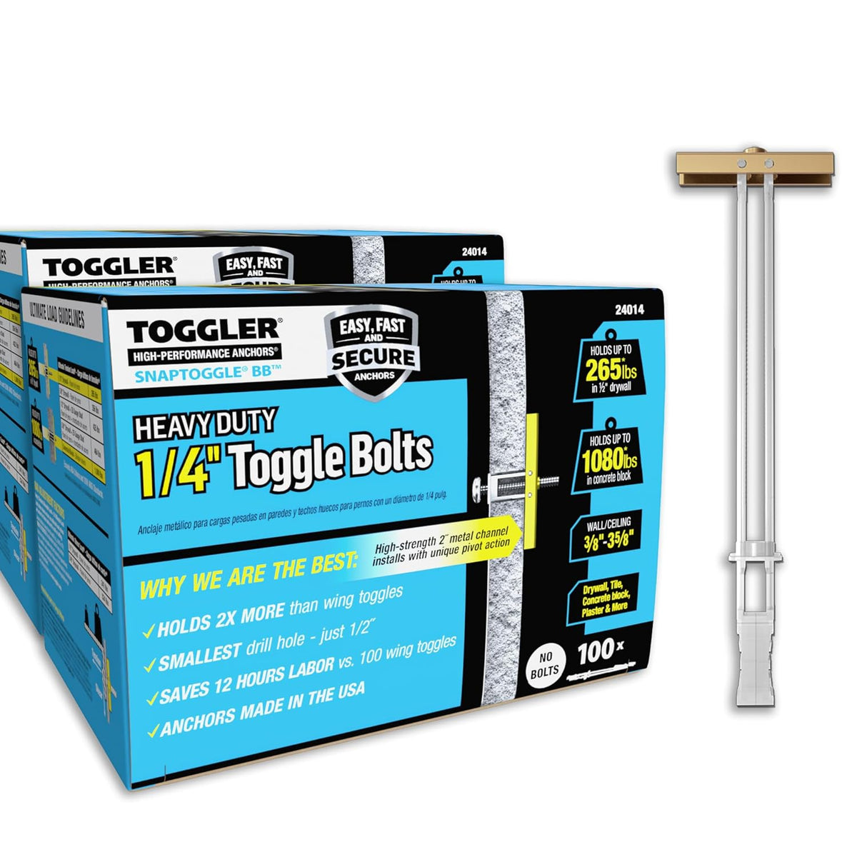 TOGGLER SNAPTOGGLE BB Toggle Anchor, Zinc-Plated Steel Channel, Made in US, 3/8' to 3-5/8' Grip Range, for 1/4'-20 UNC Fastener Size (Pack of 200)