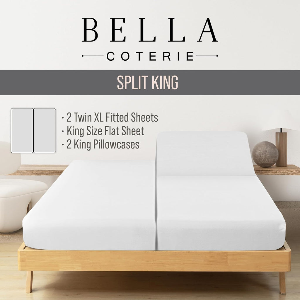 Bella Coterie Luxury Bamboo Viscose Split King Size Sheet Set | 2 Fitted Sheets for Sleep Number & Adjustable Beds | 100% Organically Grown | Cooling & Ultra Soft | 18' Deep Pocket [White]