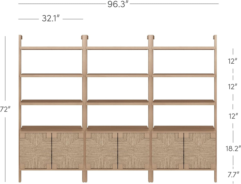 Nathan James Beacon 3-Shelf Bookcase with Seagrass Cabinet, Solid Wood Bookshelf with Storage with Solid Wood Frame, Seagrass/Raw Oak Set of 3
