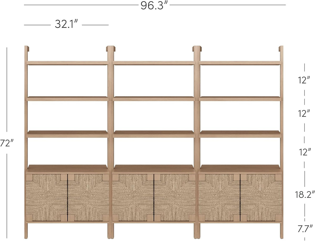 Nathan James Beacon 3-Shelf Bookcase with Seagrass Cabinet, Solid Wood Bookshelf with Storage with Solid Wood Frame, Seagrass/Raw Oak Set of 3