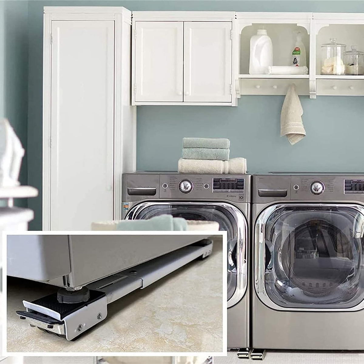 Washing Machine Stand, Universal Multi-Functional Movable Base, Adjustable 45-70 cm Base with 24 Locking Wheels, Max Load 300KG for Dryer and Refrigerator, 2Pcs (Silver)