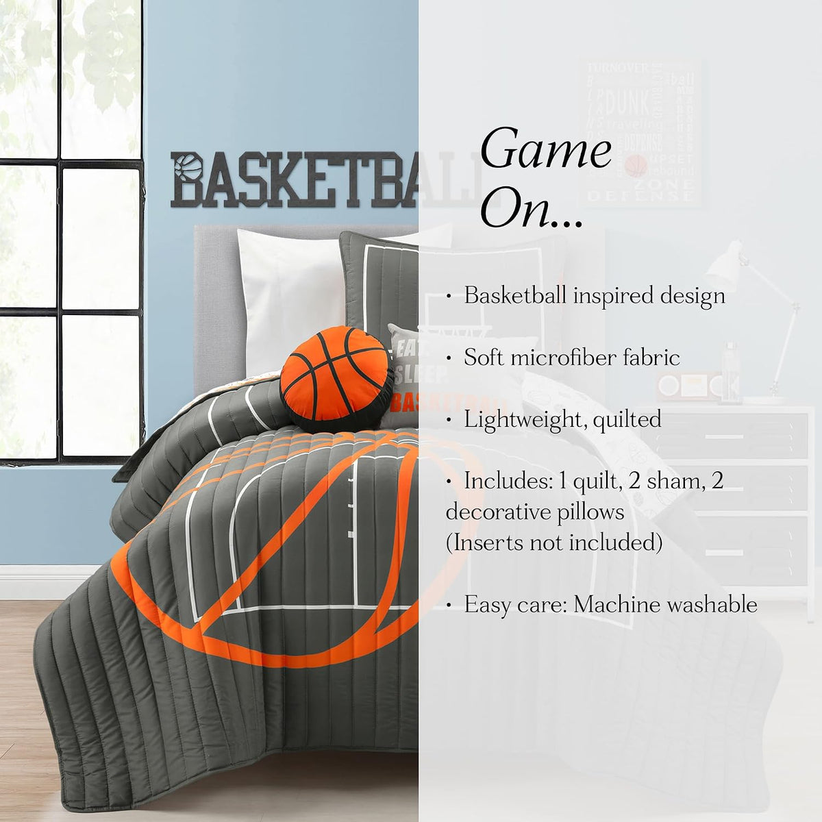 Lush Decor Basketball Game Reversible Oversized 5 Piece Quilt Set - Cozy & Soft Kids Sports Themed Bedding Set - Full/ Queen, Charcoal