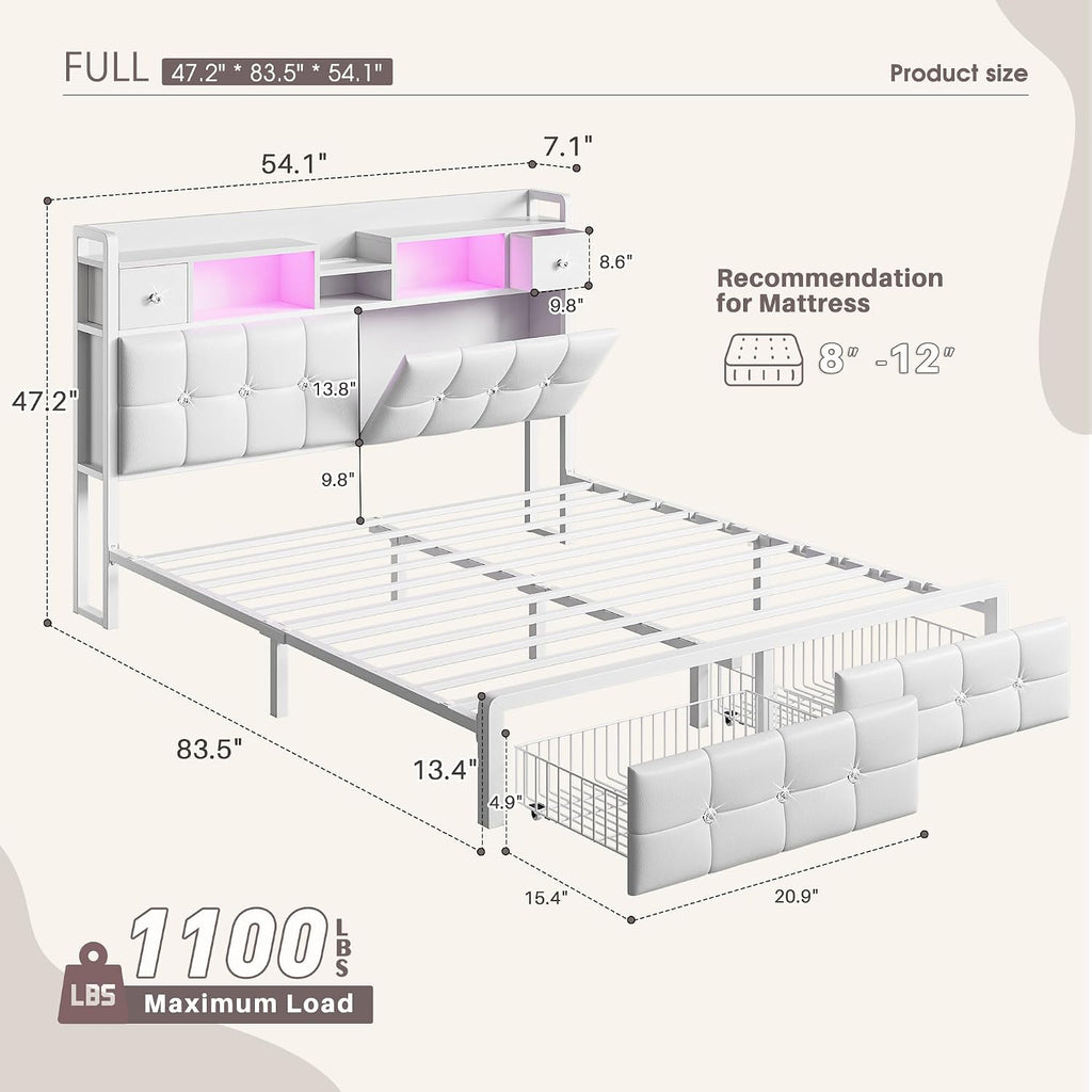 Homkdom Full Size Bed Frame with Hidden Storage - 4 Drawers,Diamond-Tufted Upholstered Headboard,LED Lights & Charging Station,1100 LBS Heavy Duty,No Box Spring Needed,Modern,White