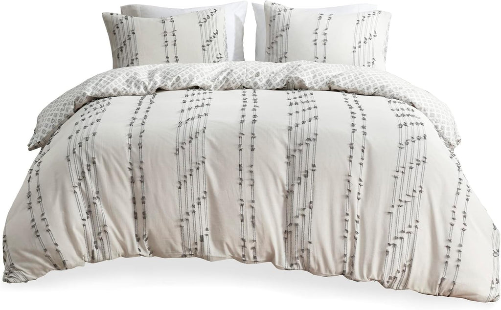 INK+IVY Cotton Duvet Cover King Size - 100% Cotton Duvet Cover Set, Boho Bedding Set for All Seasons Farmhouse Bedding Duvet & Sets with 2 Pillowcase, Jacquard Stripes, Ivory 3 Piece King/Cal King