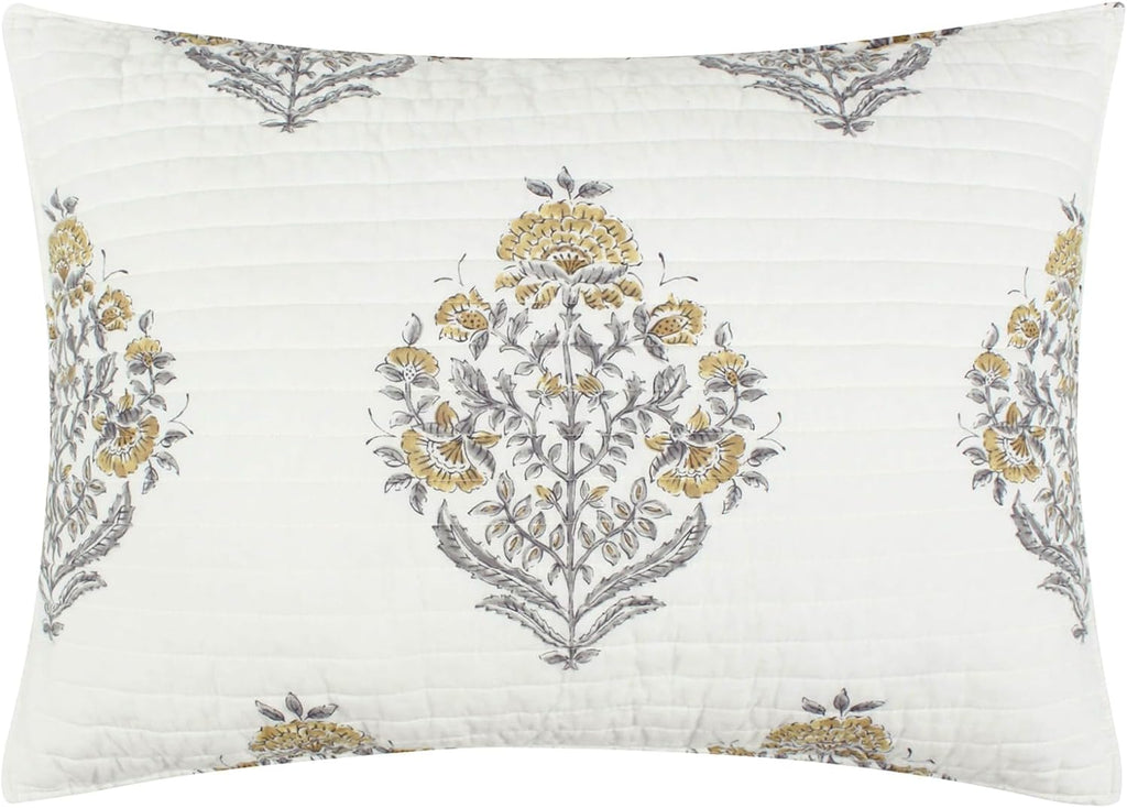 Levtex Home - Kamira Ochre Quilt Set - Full/Queen Quilt and Two Standard Shams - Bordered Floral - Ochre, Grey and Cream - Quilt (88x92in.) and Shams (20x26in.) - Reversible - Cotton