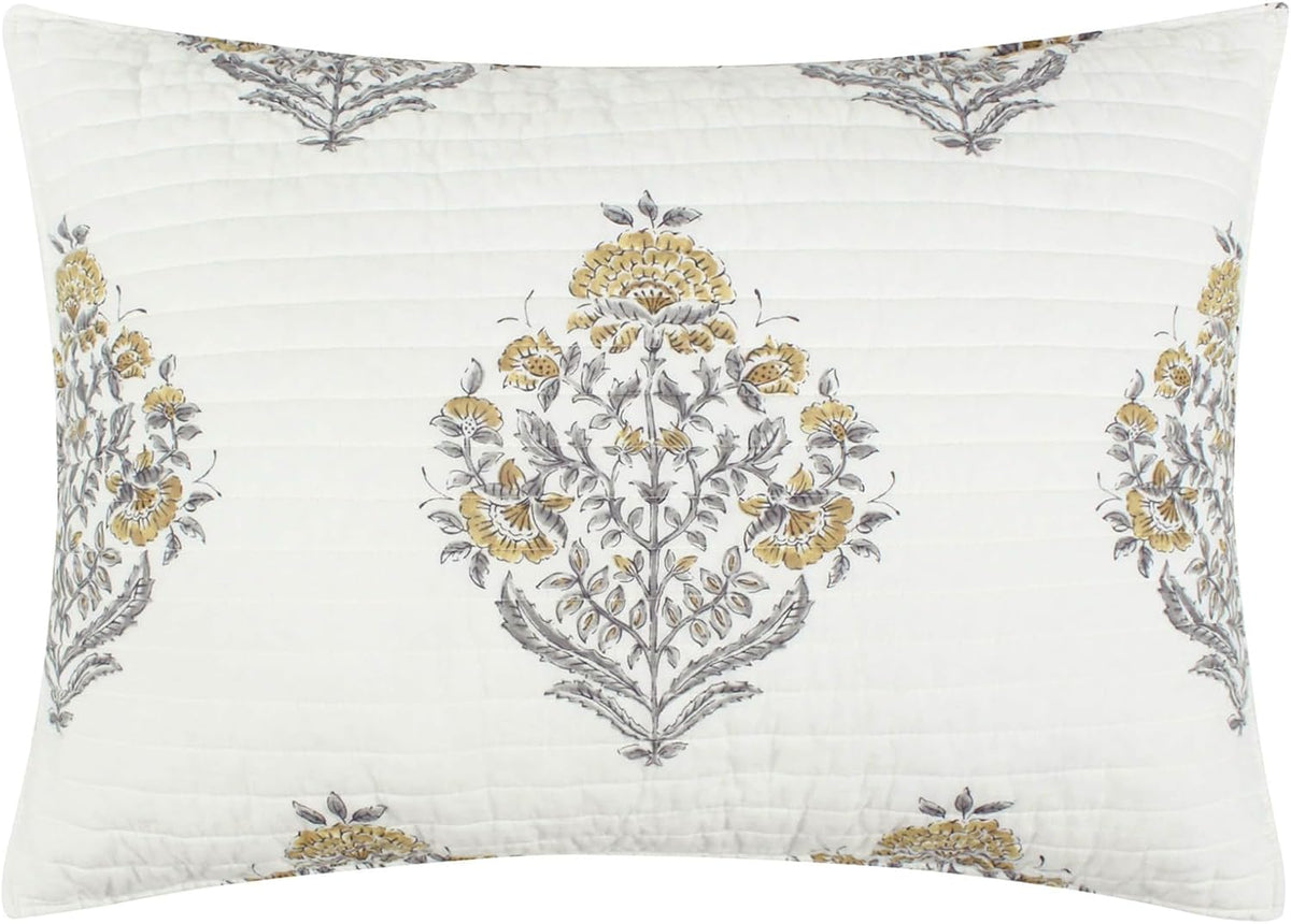Levtex Home - Kamira Ochre Quilt Set - King Quilt and Two King Shams - Bordered Floral - Ochre, Grey and Cream - Quilt (106x92in.) and Shams (20x36in.) - Reversible - Cotton