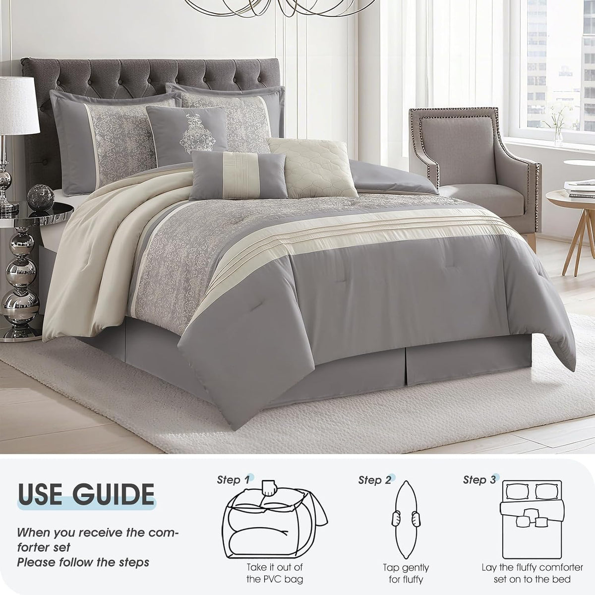 LANCO MODERN LIFESTYLE Grey Queen Comforter Set, Damask Jacquard with Matching Solid Piece Work, 7 Piece Soft Bedding Set for All Season, Bed Skirt, Pillow Shams and Decorative Pillows