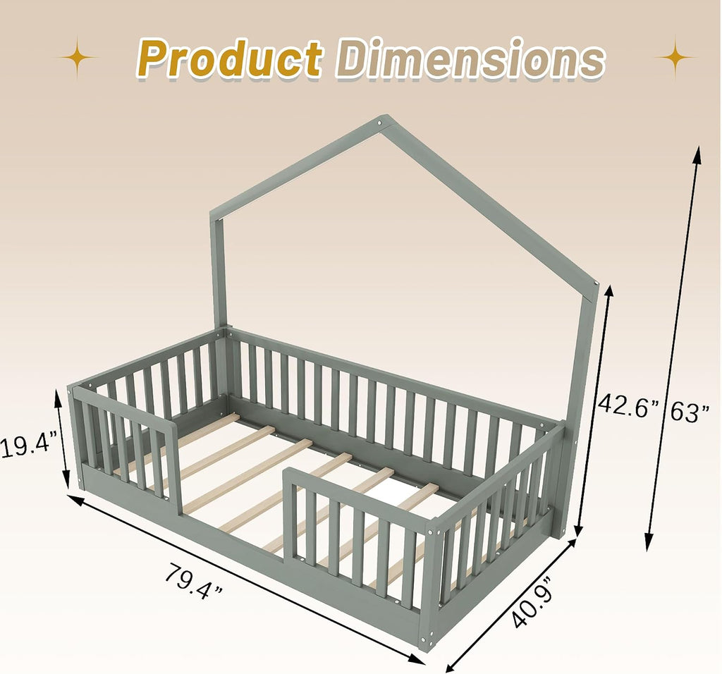 Twin Size House Bed for Kids, Low Profile Montessori Bed Twin with High Railings, Wood House Shape Montessori Beds with Light & Roof for Kids, Gray