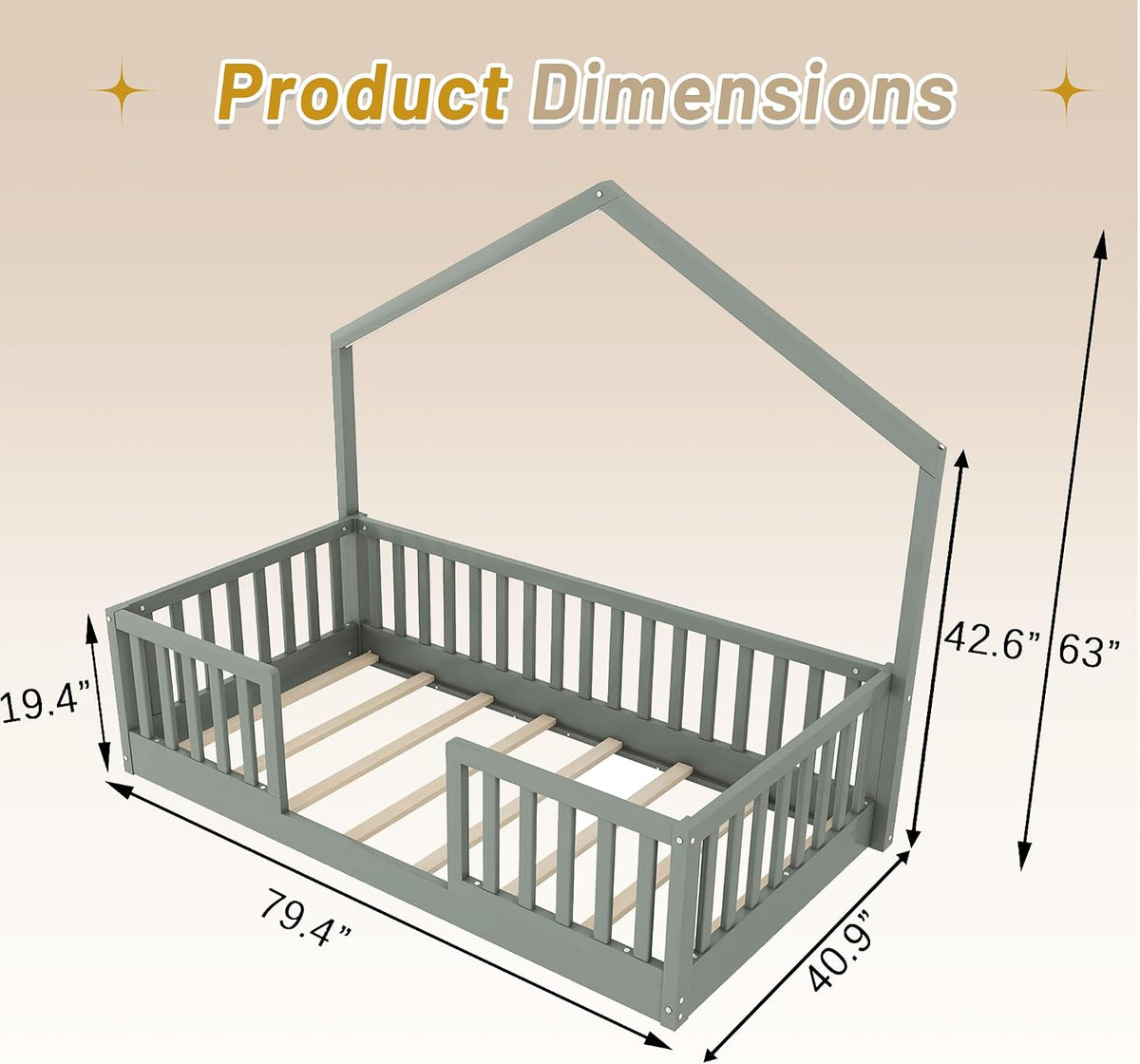 Twin Size House Bed for Kids, Low Profile Montessori Bed Twin with High Railings, Wood House Shape Montessori Beds with Light & Roof for Kids, Gray