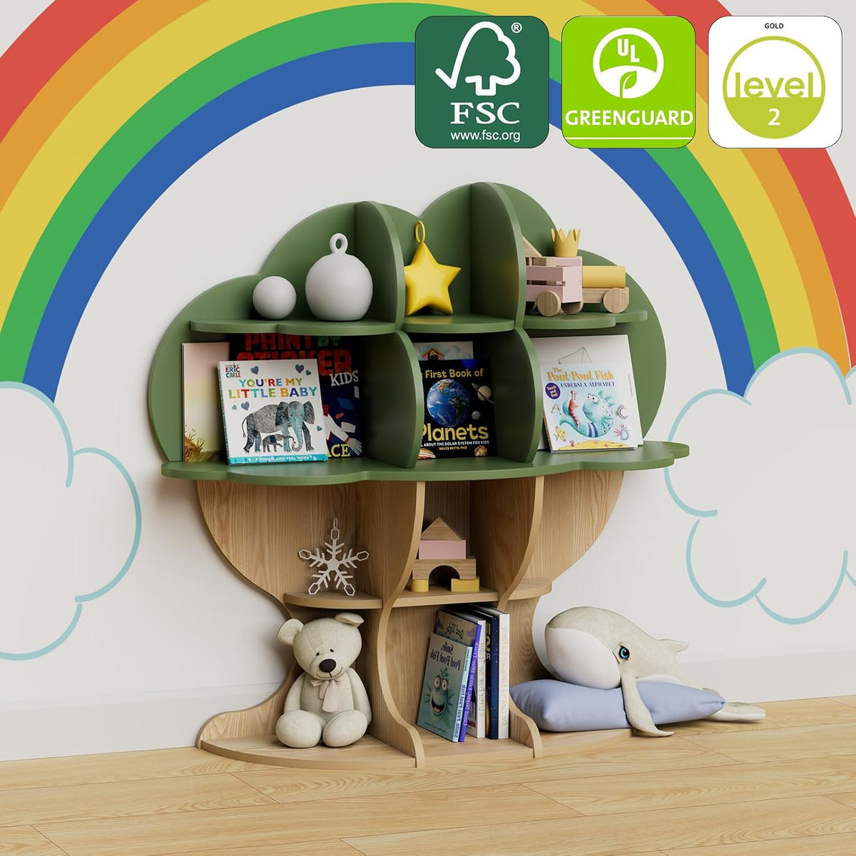 Green Tree Kids Bookshelf Toddler Bookcase 4-Tier Baby Book Rack Children Toy Storage Organizer Forest Wood Display Shelf for Nursery Playroom Bedroom Classroom School Homeschooling Boy Girl's Gift