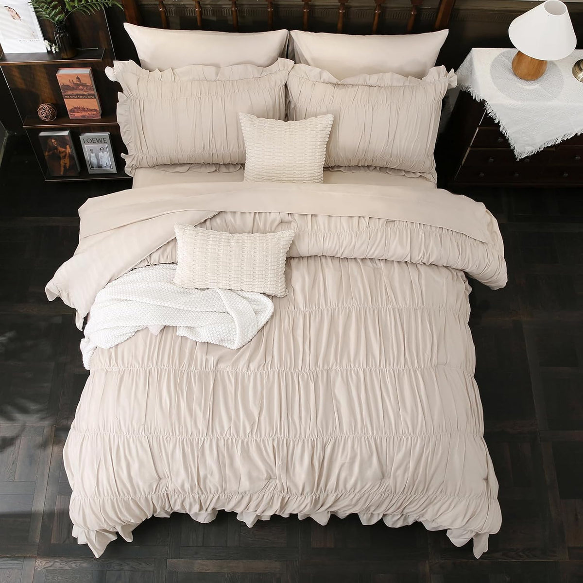 Herside Beige Comforter Set Queen Size,Ruched Neutral Boho Bedding 9-Piece Bed-in-a-Bag Fluffy Farmhouse Ruffle Bedding Set with Comforter, Flat Sheet, Fitted Sheet, Pillow Shams, Pillowcases