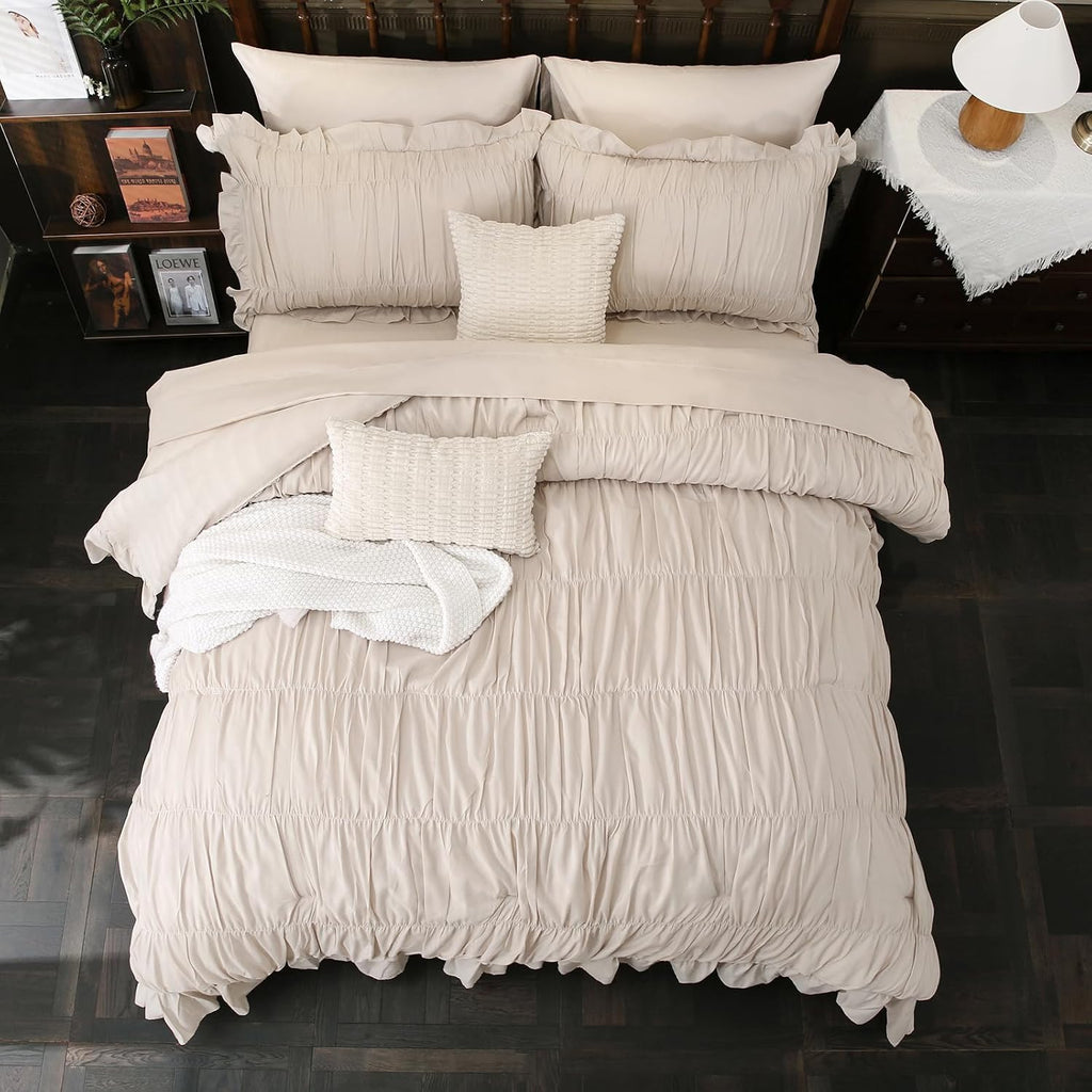 Herside Beige Comforter Set King Size,Ruched Boho Bedding 9-Piece Bed-in-a-Bag for All Seasons,Fluffy Farmhouse Ruffle Bedding Set with Comforter, Flat Sheet, Fitted Sheet, Pillow Shams, Pillowcases