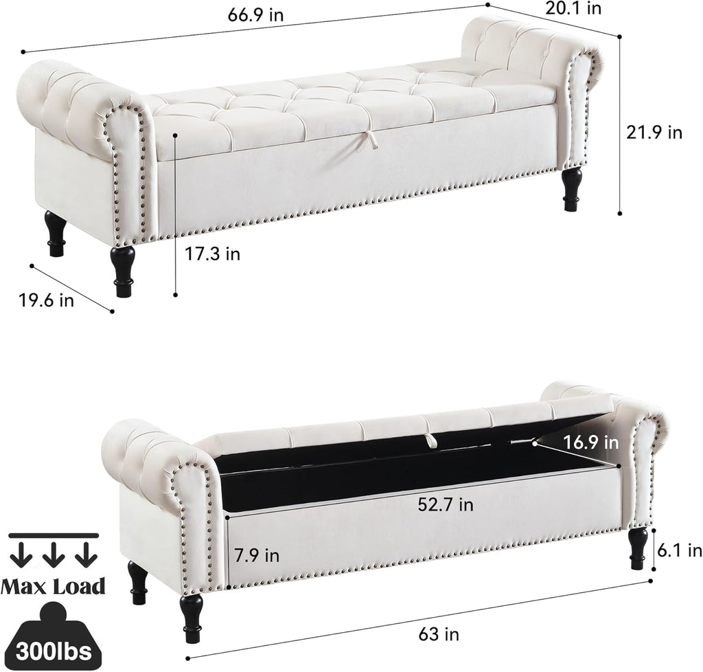Velvet Storage Bench 67 Inch Upholstered Tufted Ottoman Bench with Arms Large Storage Space King Size End of Bed Benches for Bedroom Living Room Entryway Beige