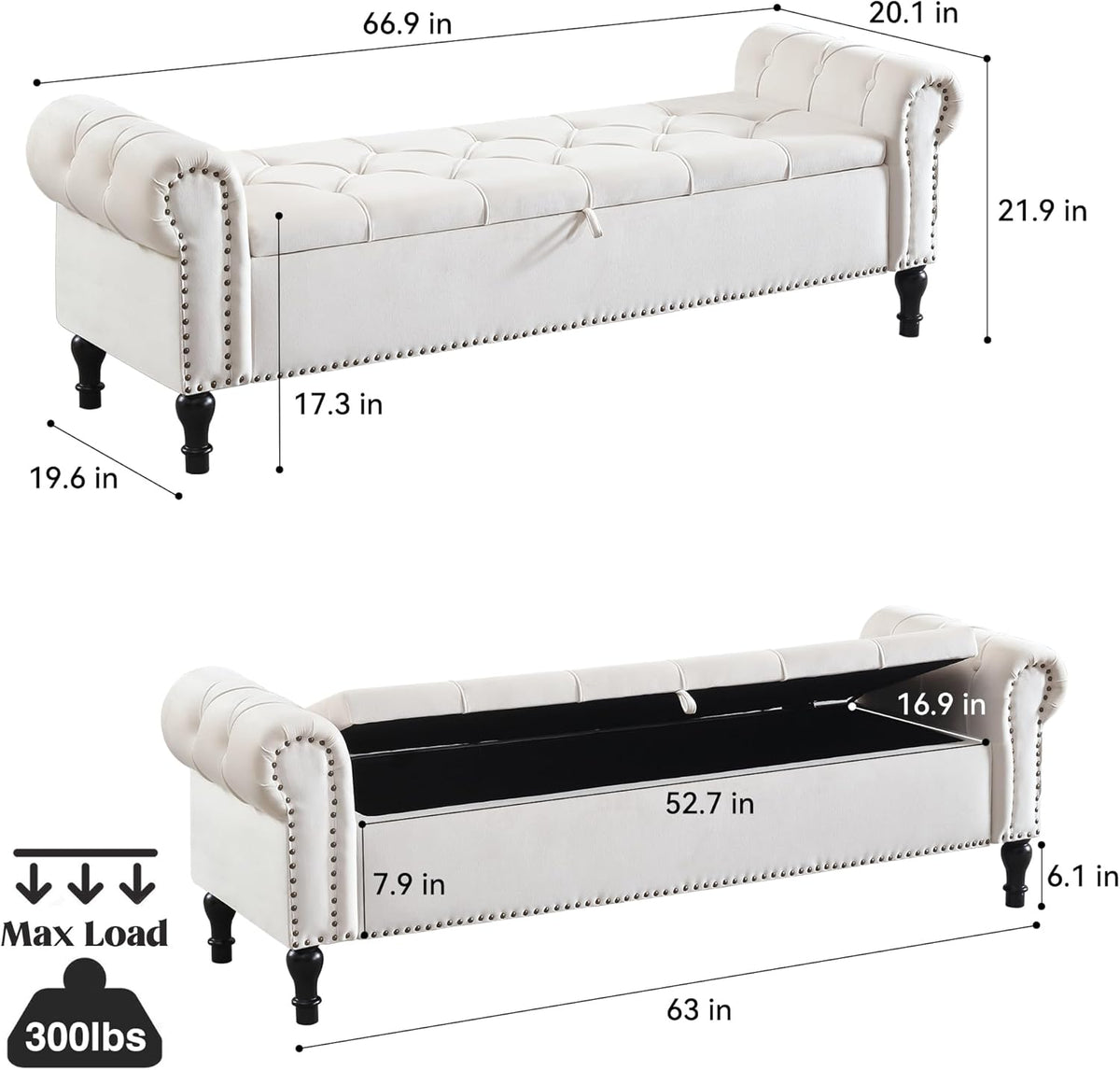 Velvet Storage Bench 67 Inch Upholstered Tufted Ottoman Bench with Arms Large Storage Space King Size End of Bed Benches for Bedroom Living Room Entryway Beige