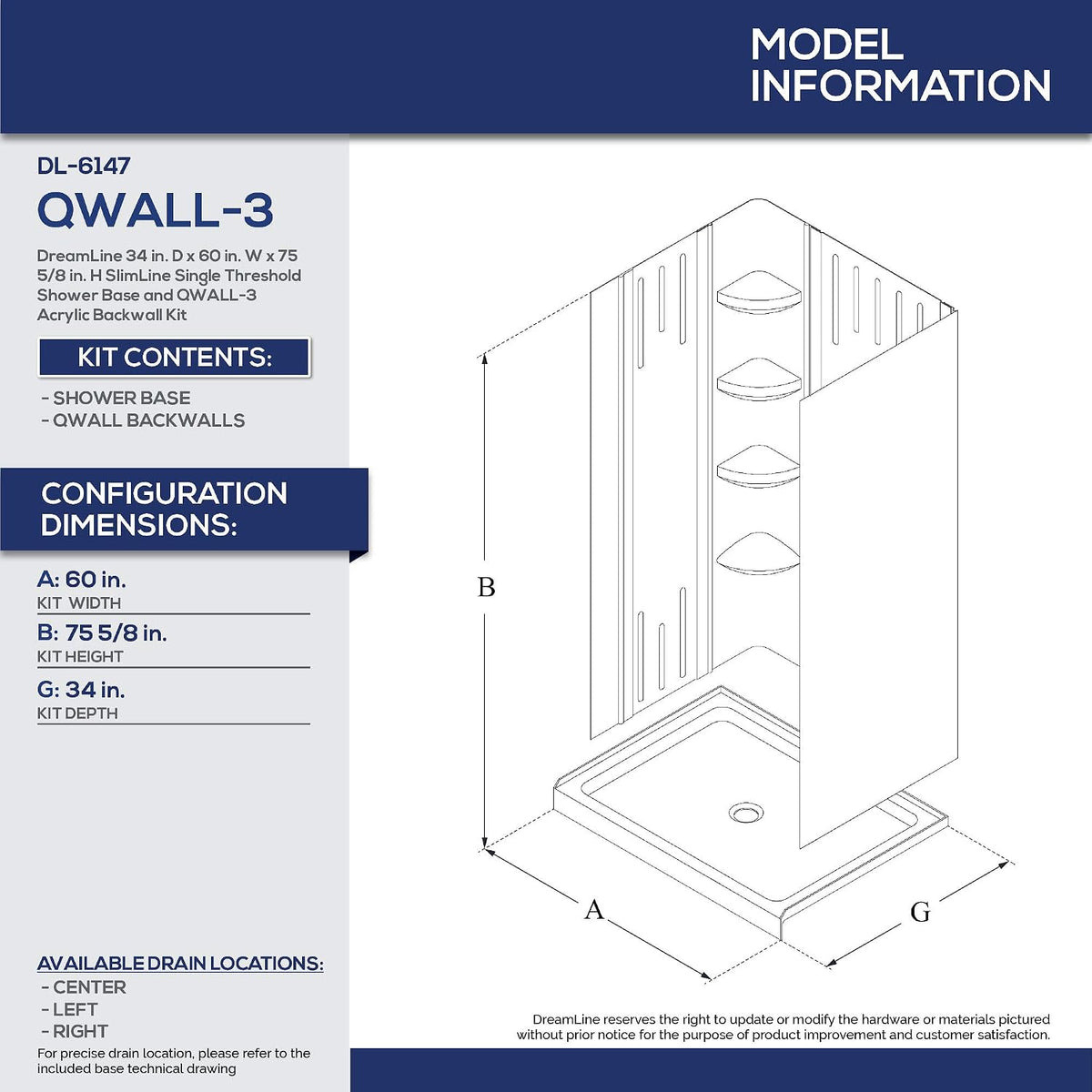 DreamLine 34 in. D x 60 in. W x 75 5/8 in. H Center Drain Acrylic Shower Base and QWALL-3 Backwall Kit In White, DL-6147C-01