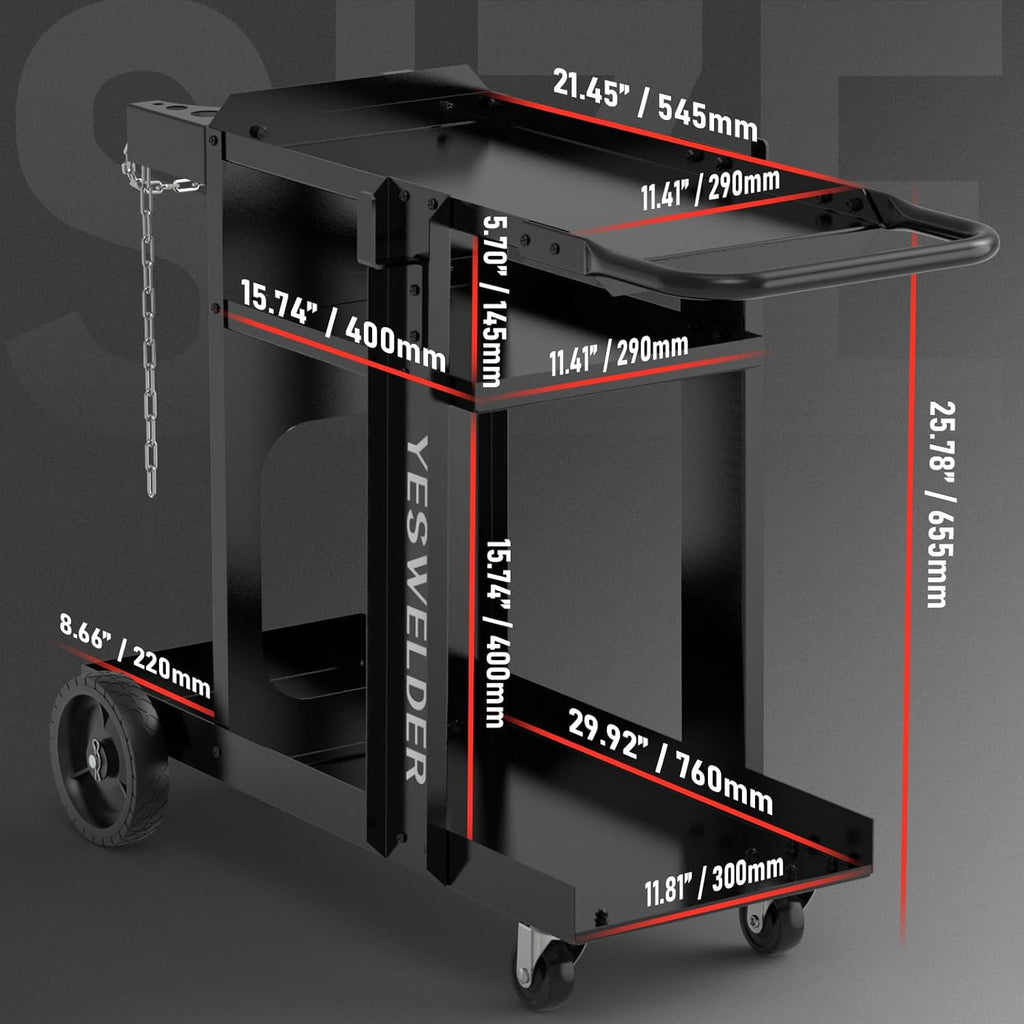 YESWELDER Welding Cart for TIG MIG Welder and Plasma Cutter,Three-Layer Welder Cart,Tank Storage Safety Chains, Heavy Duty Large Storage 360° Rolling Welding Trolley