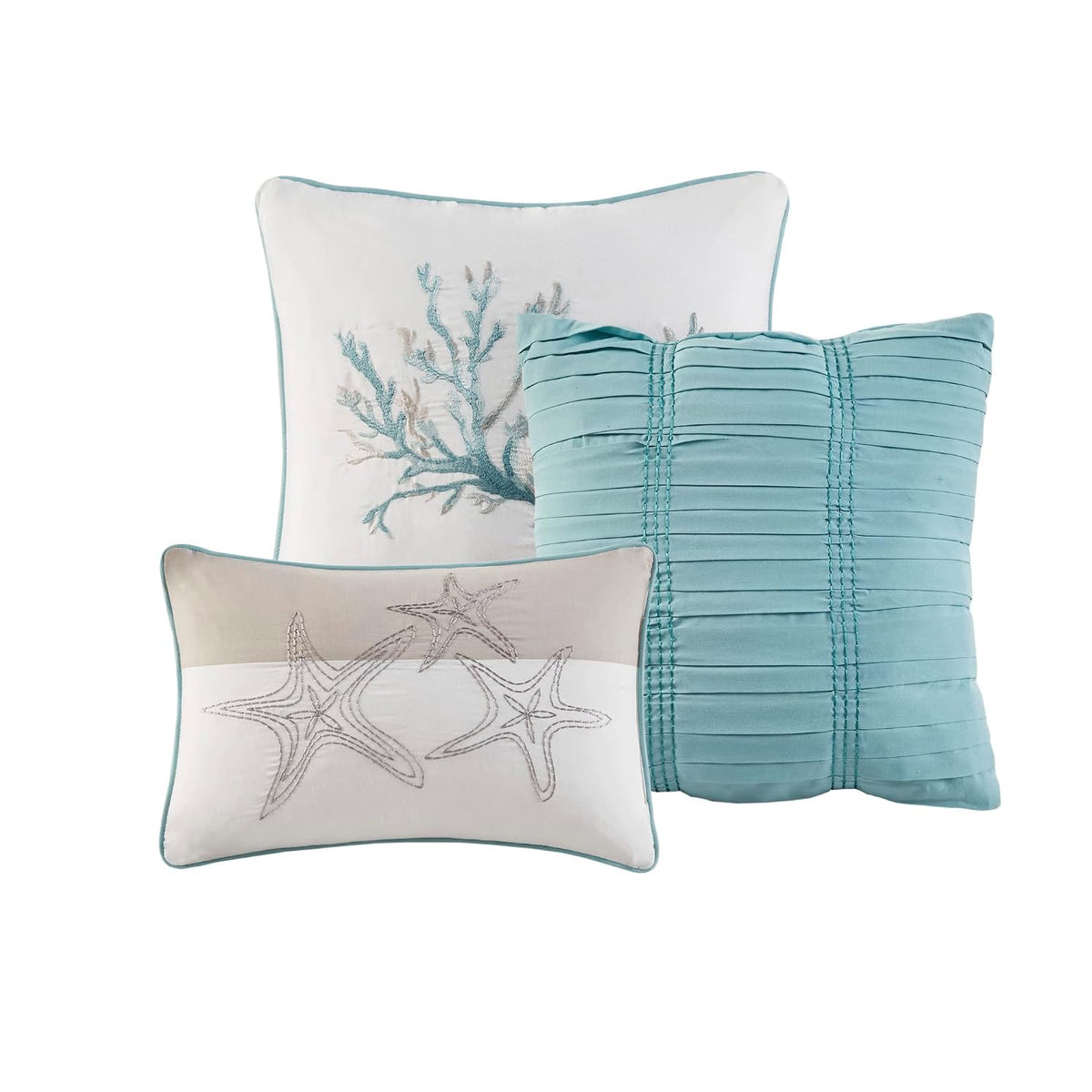 Madison Park Pebble Beach Cotton Duvet Set - Coastal, Starfish, Sealife Design, All Season, Breathable Comforter Cover Bedding, Matching Shams, Decorative Pillows, Aqua Full/Queen(90'x90') 6 Piece