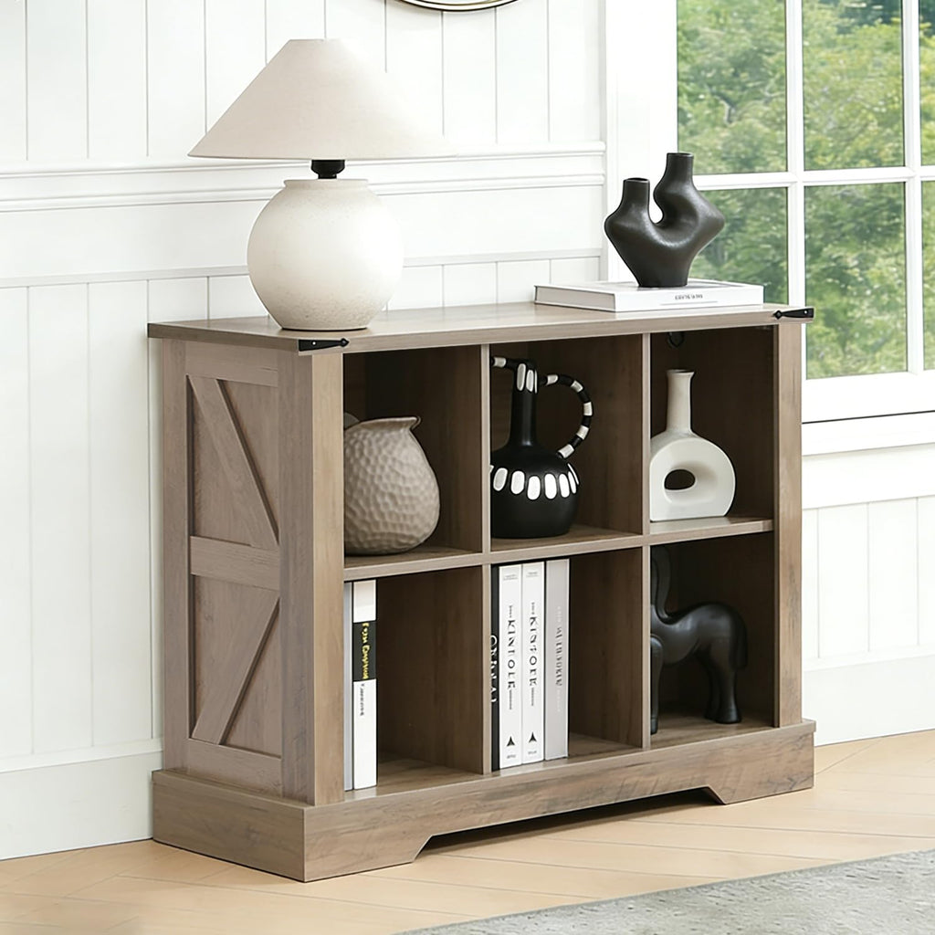 6 Cube Storage Organizer, Wood Cube Bookshelf with LED Lights, Horizontal Storage Cubes, Kids Bookshelf, Display Cabinet Cubby Shelf for Living Room Home Office Bedroom, Grey