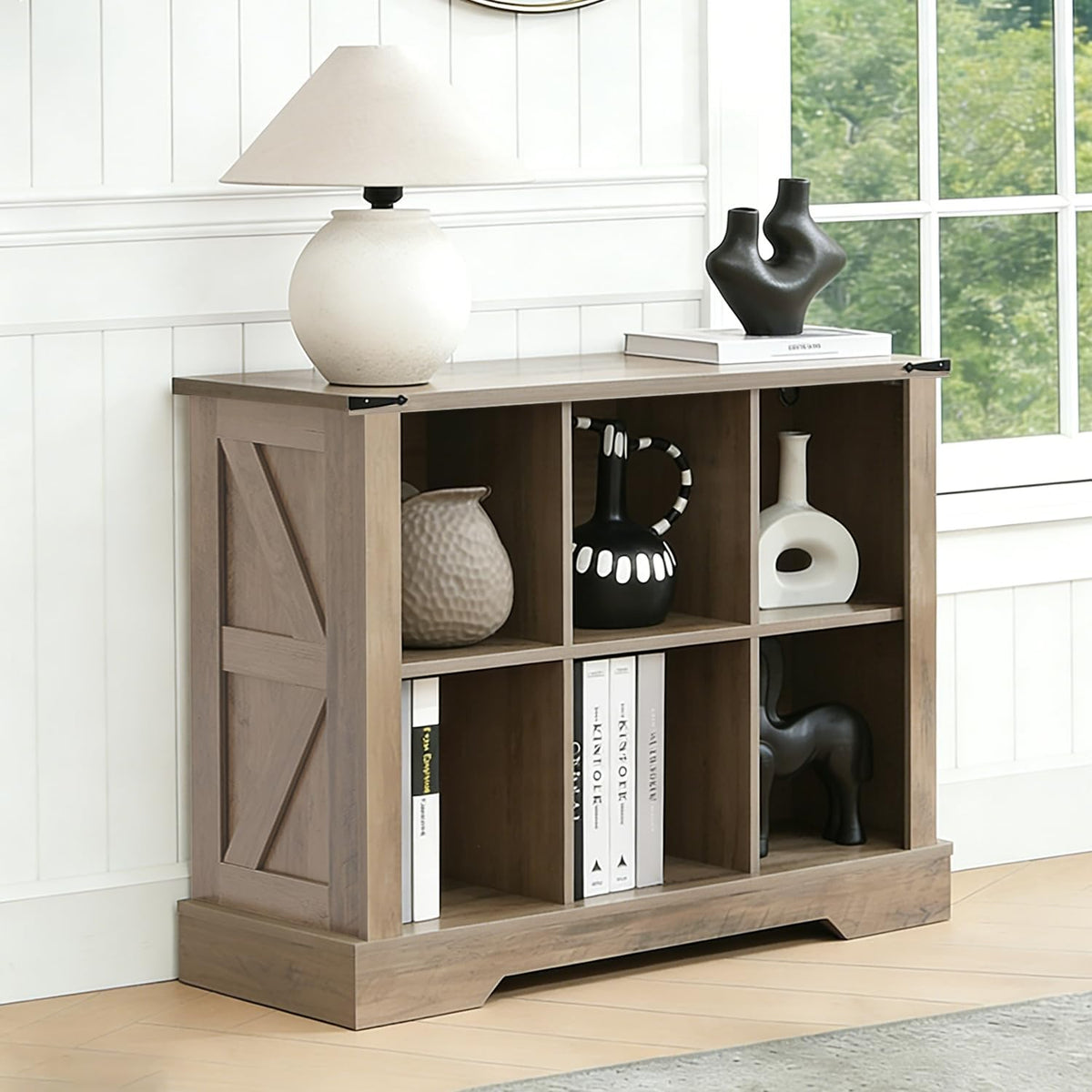 6 Cube Storage Organizer, Wood Cube Bookshelf with LED Lights, Horizontal Storage Cubes, Kids Bookshelf, Display Cabinet Cubby Shelf for Living Room Home Office Bedroom, Grey