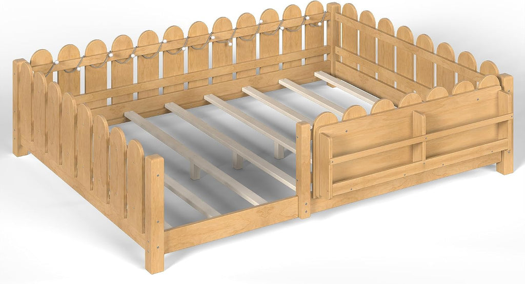 Bellemave Queen Size Floor Bed with Rails and Slats, Queen Size Montessori Floor Bed with Bookshelf, Fence and Lights, Low Profile Montessori Beds Frame for Girls, Boys, Light Natural