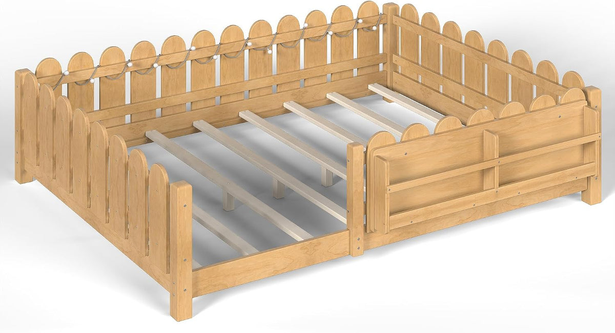 Bellemave Queen Size Floor Bed with Rails and Slats, Queen Size Montessori Floor Bed with Bookshelf, Fence and Lights, Low Profile Montessori Beds Frame for Girls, Boys, Light Natural