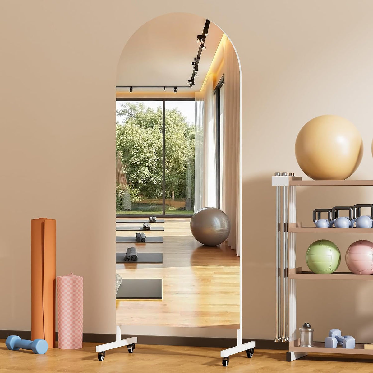 Hasipu 65' x 22' Arched Rolling Home Gym Mirror with Wheels, 360° Swivel Body Mirror with HD Tempered Glass, Large Floor Mirror for Yoga Room, Dance Studio, Bedroom & Home Gym