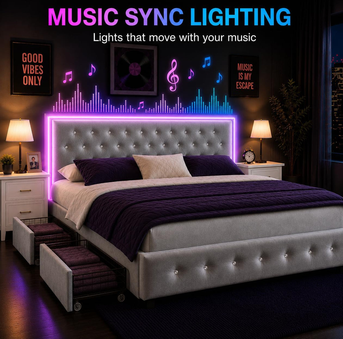 King LED Bed Frame with 4 Storage Drawers Adjustable Headboard with Smart Control RGBW LED, Whisper-Quiet Design, Upholstered Bed Wood Slats Support, No Box Spring Needed, Velvet Grey