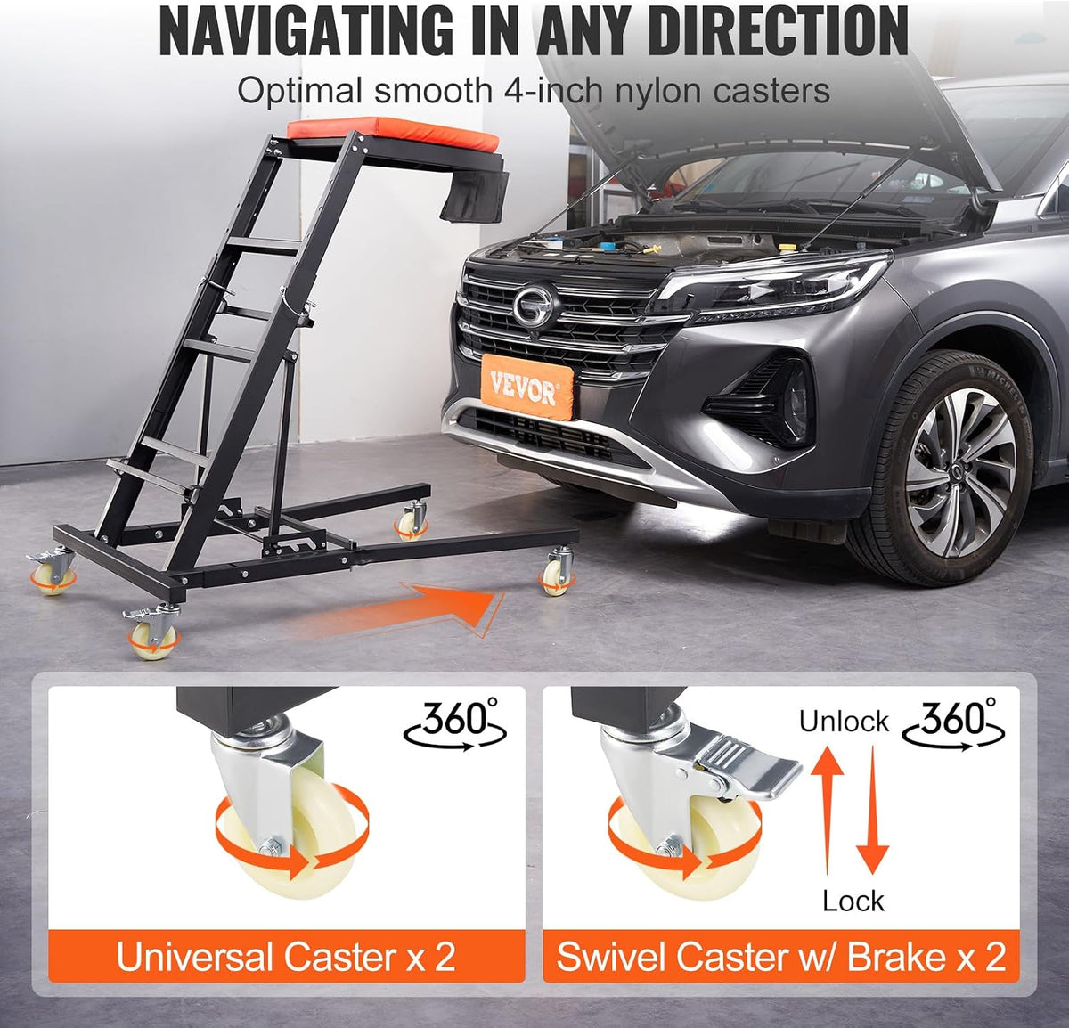 VEVOR Top Automotive Creeper, Engine Creeper 42.5'-64.8', 400 LBS Capacity High Top Creeper, 4 Swivel Caster Wheels, Padded Deck, Creeper for Home Garage, Workshop Repair Maintenance