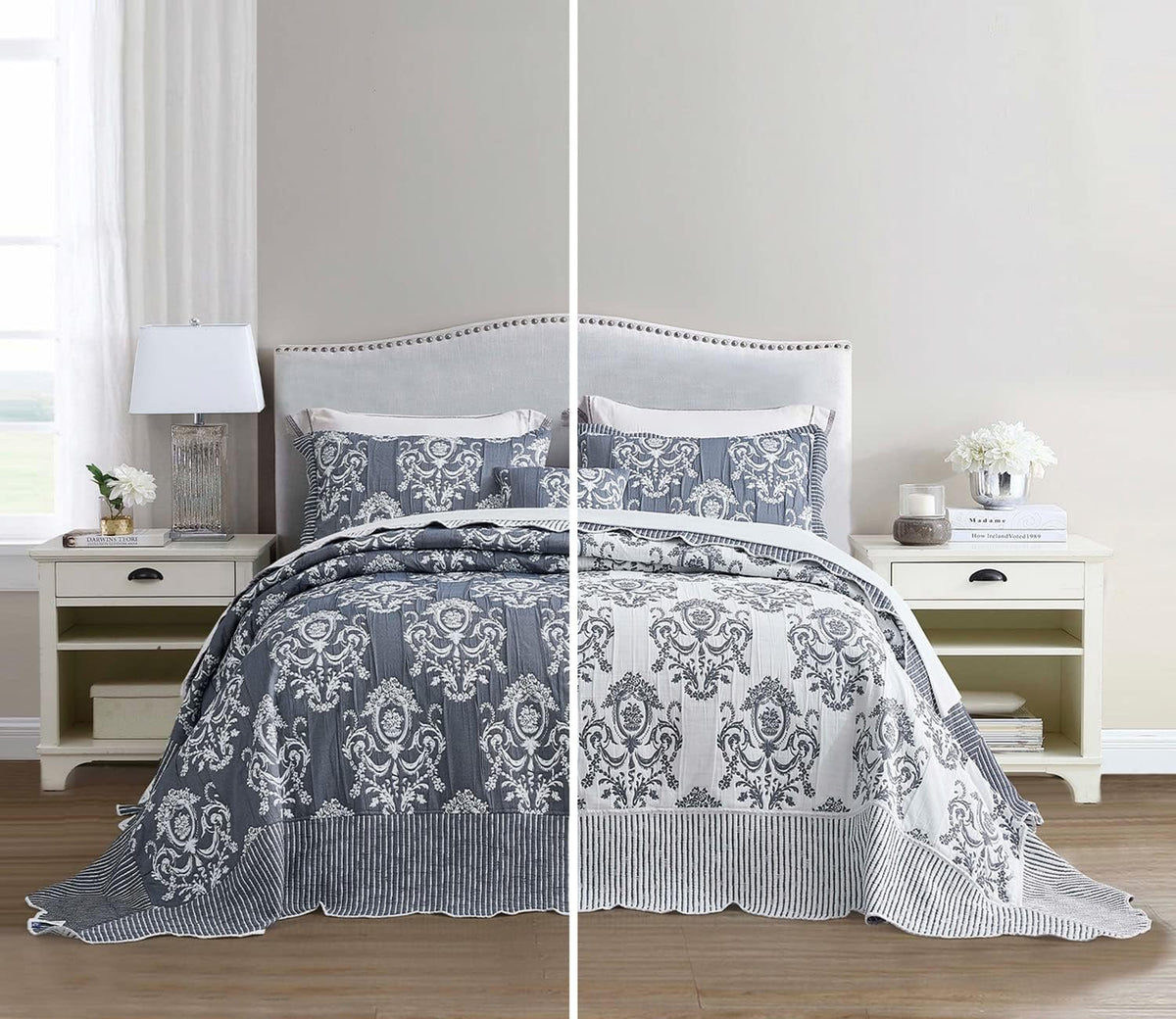 HZ & HY Oversized King Bedspread, Jacquard Matelasse Damask Pattern Design, Lightweight, Reversible, 5 Piece, 100% Microfiber, Dark Blue