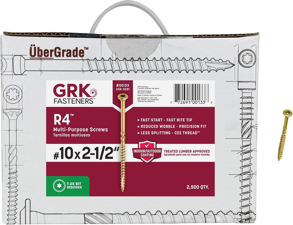 GRK Fasteners R4#10 x 2-1/2 Inch, Multi-Purpose Framing Screws, 2000 PCS, Rust Resistant Climatek Coating, Outdoor Fencing and Deck Screws, Fast Bite Tip, Star Drive Recess, Gold