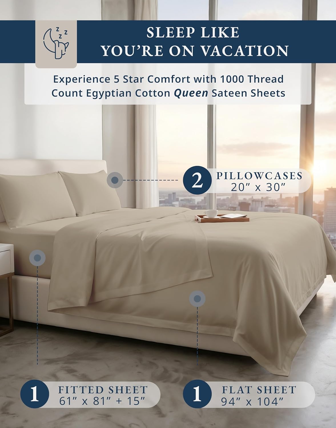 100% Egyptian Cotton Sheet Set Queen Size – 1000 Thread Count Silky Sateen Weave Queen Sheet Set for Good Sleep Comfort, 15' Snug Fit Deep Pocket, Breathable, Hotel-Quality Luxury You Can Feel - Taupe