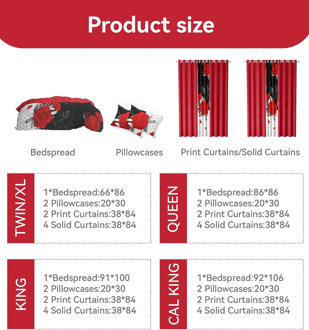 9 pcs Cal King Bed in a Bag with Curtains | Boho Red Rose Bedspread, Pillowcases, Print & Solid Curtains | Microfiber, Moisture-Wicking | Bedspread and Curtain Sets | RV & Outdoor Ready