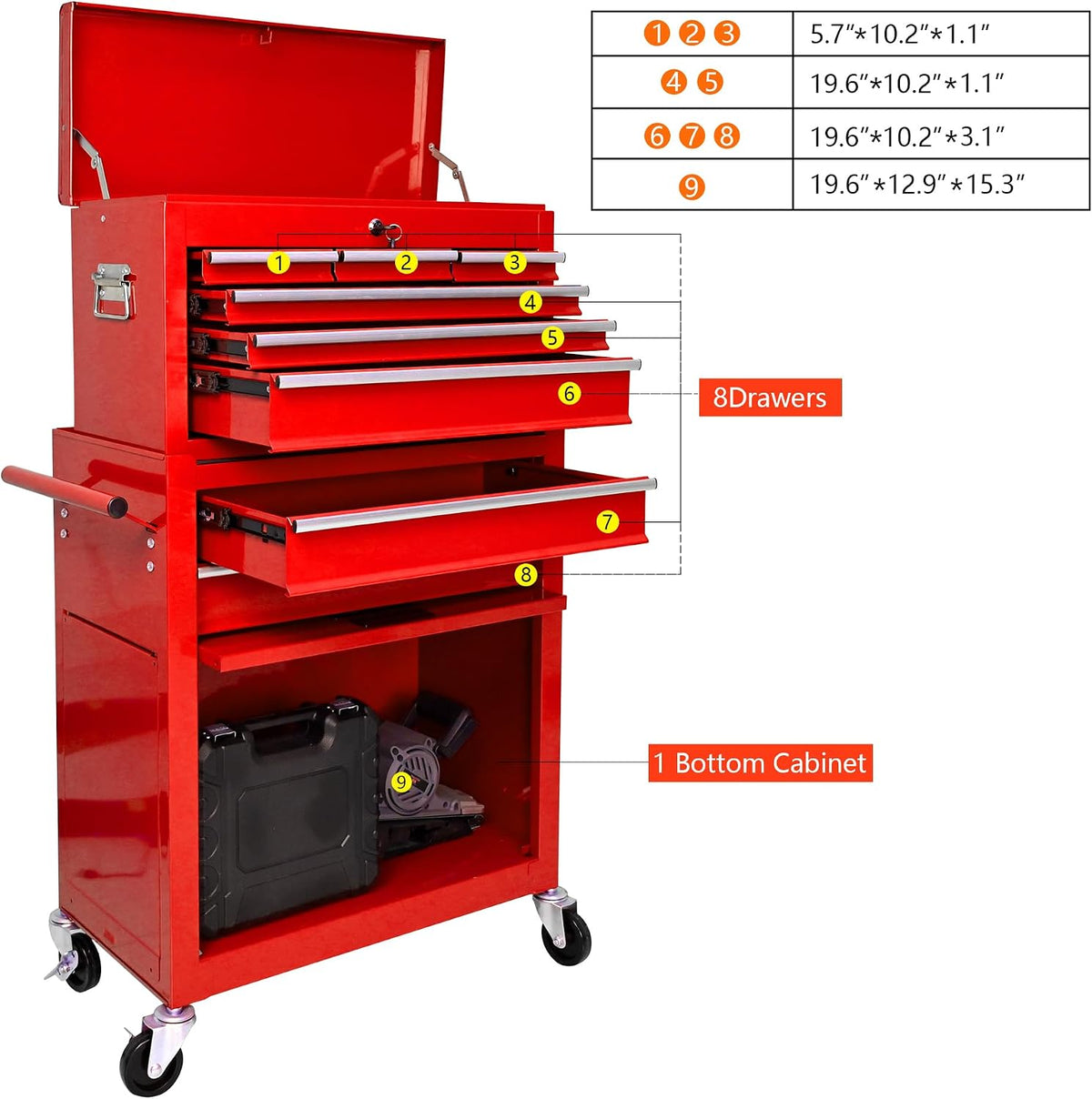 8-Drawer Tool Chest,Rolling Tool Box with Detachable Top Toolbox & Key Lock,Tool Cabinet with Universal Lockable Wheels,Lock Bar,Protective Liner,Metal Storage Cart for Garage,Workshop (Red)