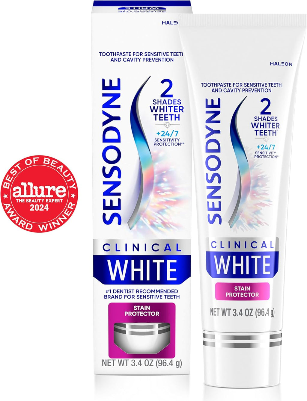 Sensodyne Clinical White Toothpaste Clinically Proven Whitening for Sensitive Teeth, Stain Protector, 3.4 oz (Pack of 12)