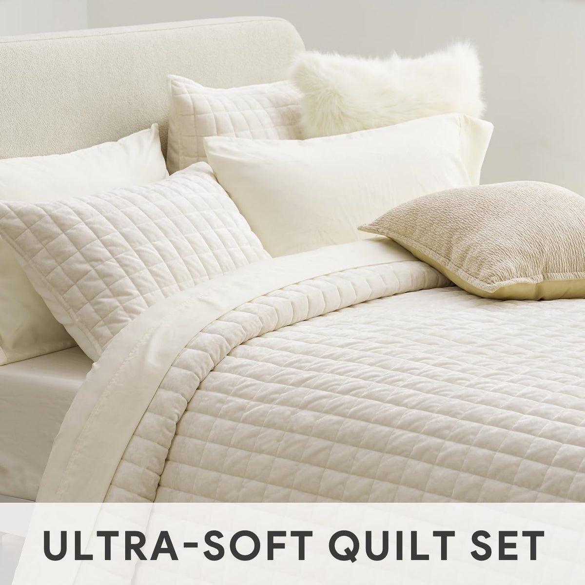 RECYCO Luxury Velvet Quilt Set, California King 118'' x 106'' Oversized Bedspread, Ultra Soft Velvet Comforter, Lightweight Box Stitch Bedding Sets for All Season, with 2 Shams, Cream White